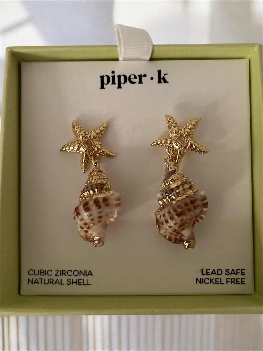 Piper.k Gold Starfish & Natural Shell Drop Earrings - Gold & Brown NWT